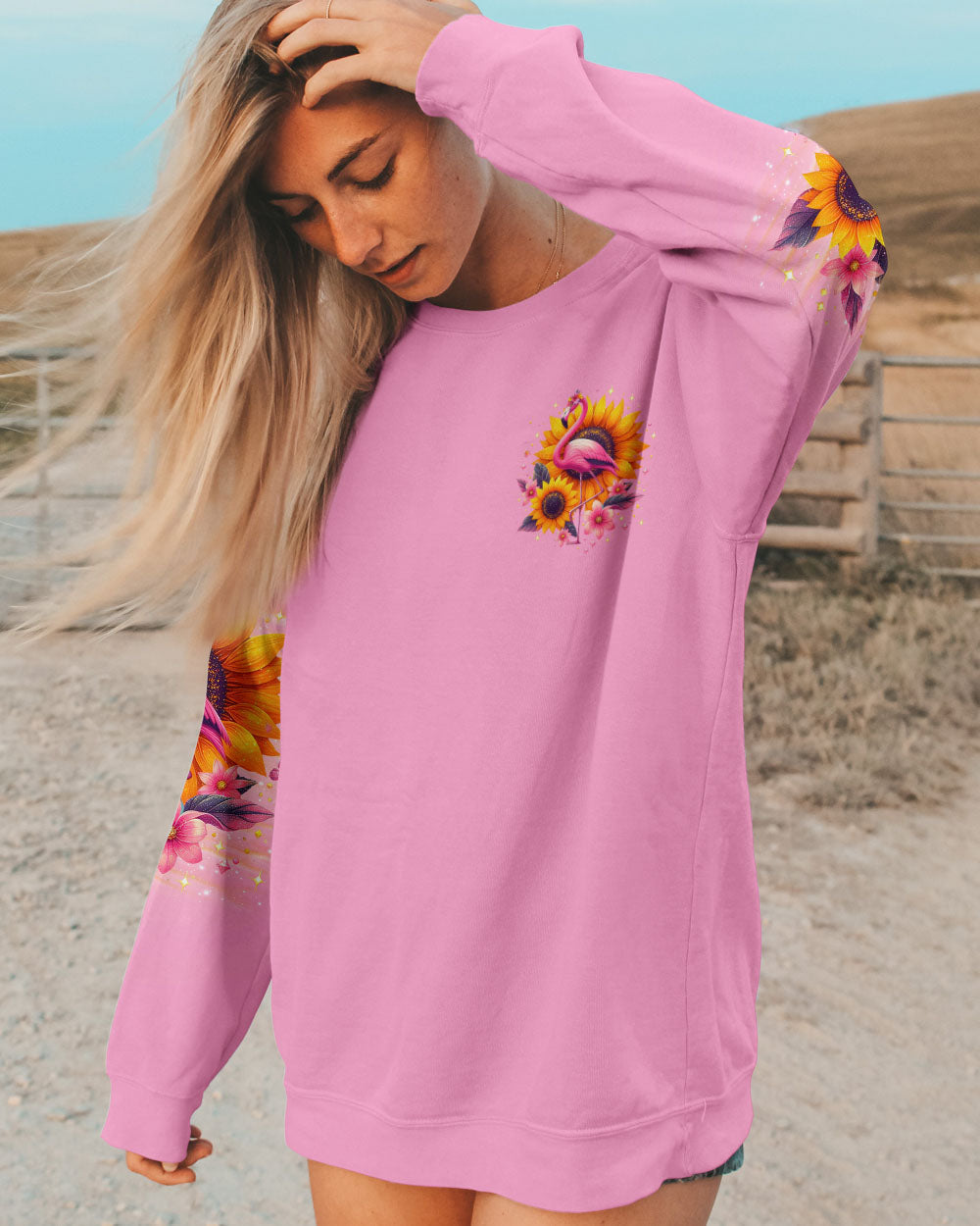 Be You The World Will Adjust Flamingo and Sunflowers Pink Graphic AOP Shirts _2_ C46bu