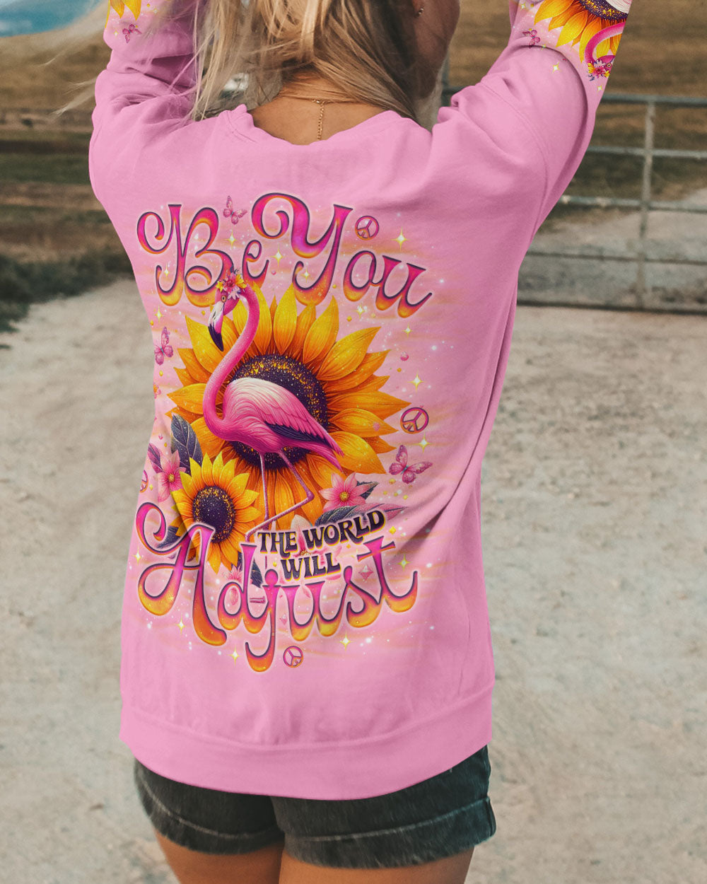 Be You The World Will Adjust Flamingo and Sunflowers Pink Graphic AOP Shirts _3_ 12FH9