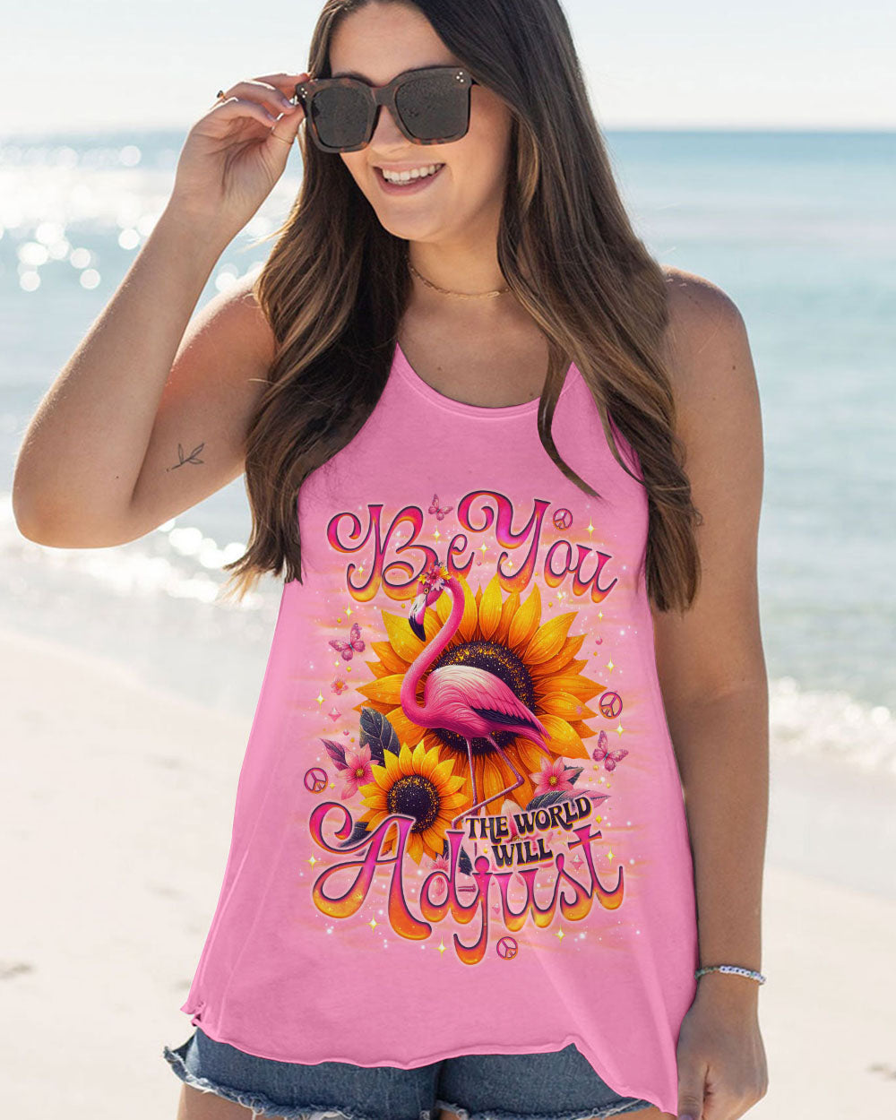 Be You The World Will Adjust Flamingo and Sunflowers Pink Graphic AOP Shirts _5_ CW270