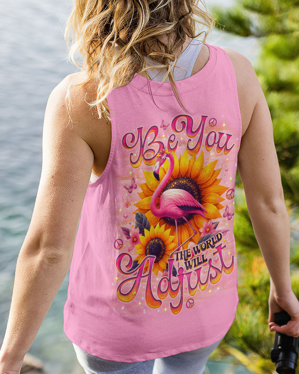 Be You The World Will Adjust Flamingo and Sunflowers Pink Graphic AOP Shirts _7_ qOi6l
