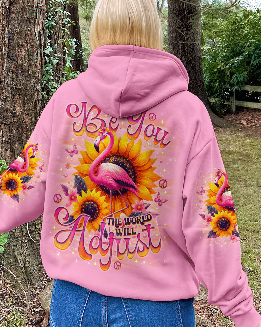 Be You The World Will Adjust Flamingo and Sunflowers Pink Graphic AOP Shirts _8_ HgoLR