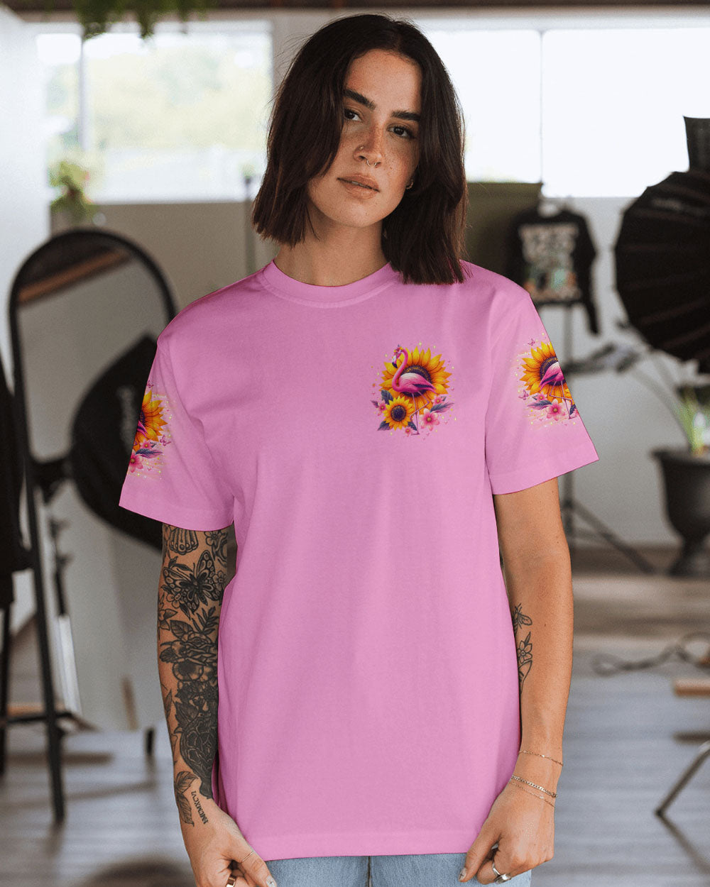 Be You The World Will Adjust Flamingo and Sunflowers Pink Graphic AOP Shirts _9_ kOyec