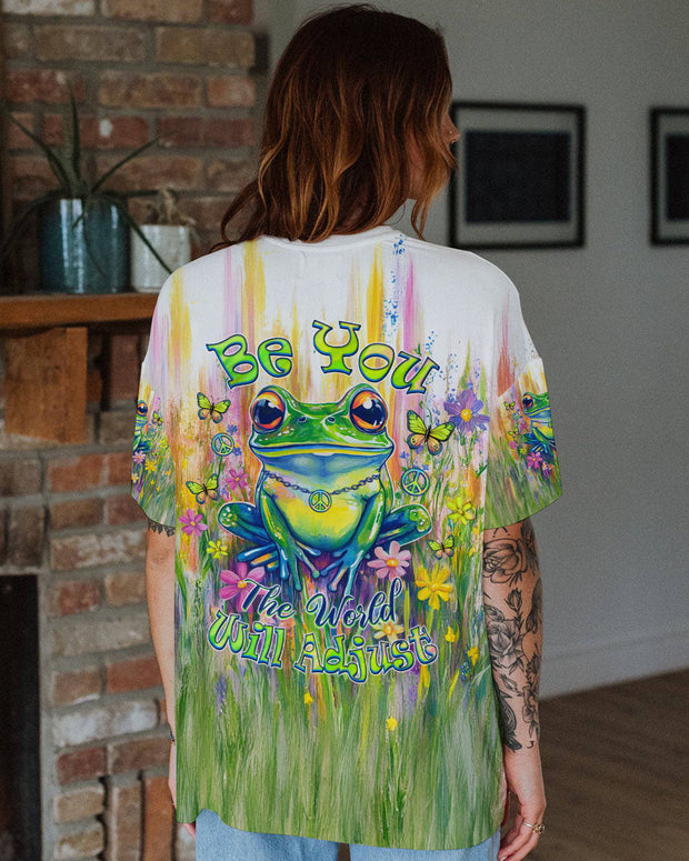 Be You The World Will Adjust - Frog Peace Sign Colorful Graphic - AOP Shirts