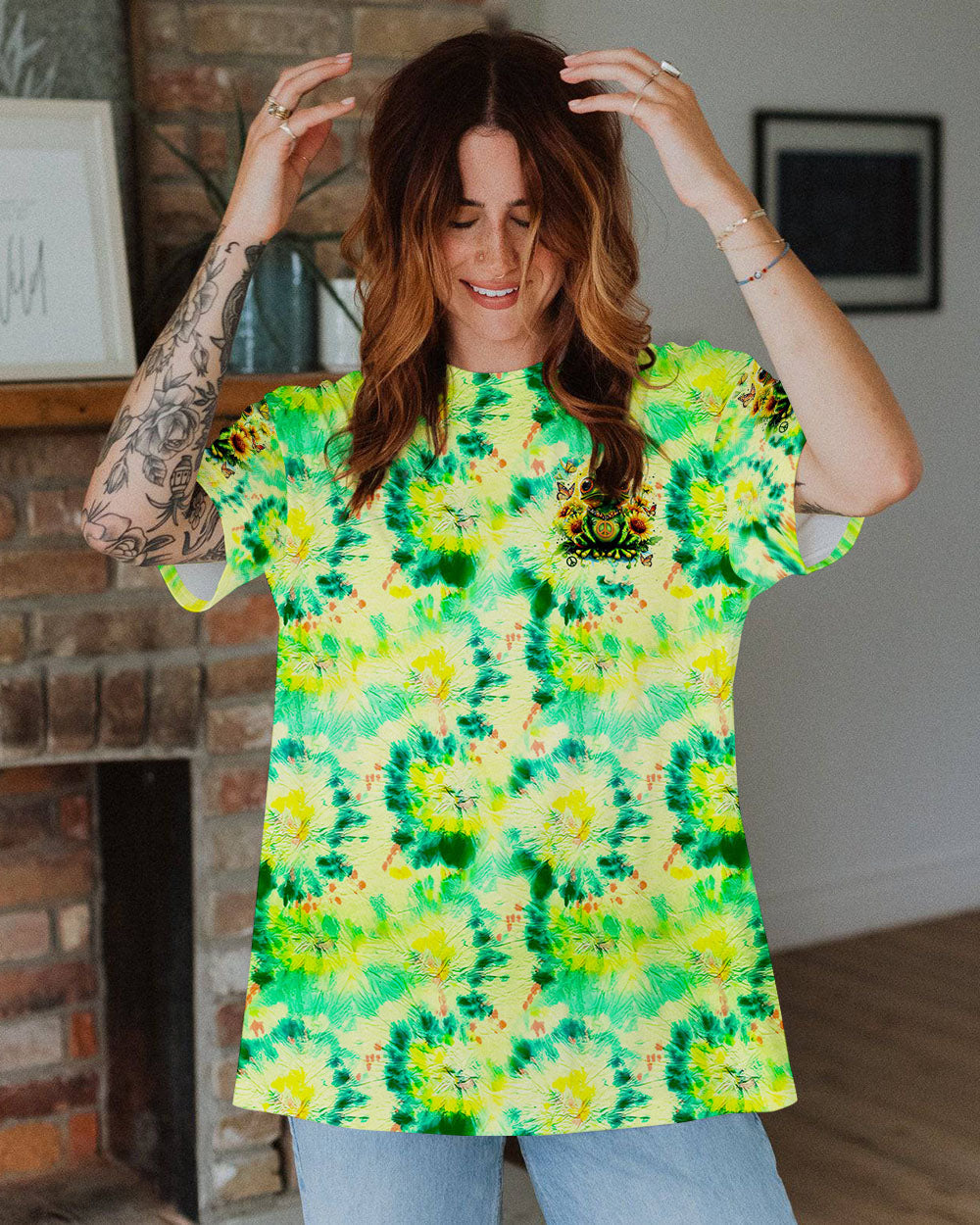 Be You The World Will Adjust Frog Sunflowers Green Tie Dye Graphic AOP Shirts _13_ kAC90