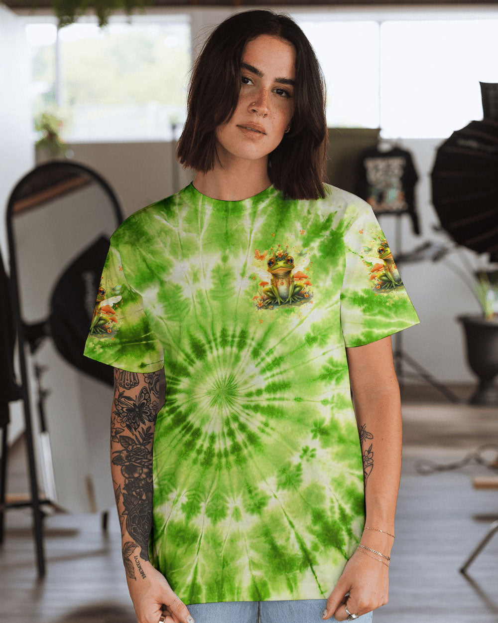 Be You The World Will Adjust Frog with Mushrooms Green Tie Dye AOP Shirts _10_ PjFn2
