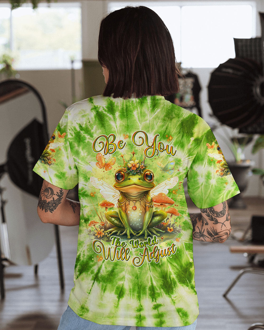Be You The World Will Adjust Frog with Mushrooms Green Tie Dye AOP Shirts _11_ NFrKq