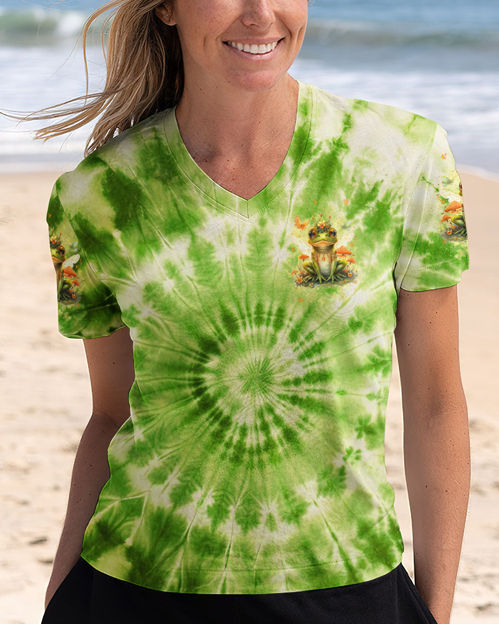 Be You The World Will Adjust Frog with Mushrooms Green Tie Dye AOP Shirts _12_ jRwj3
