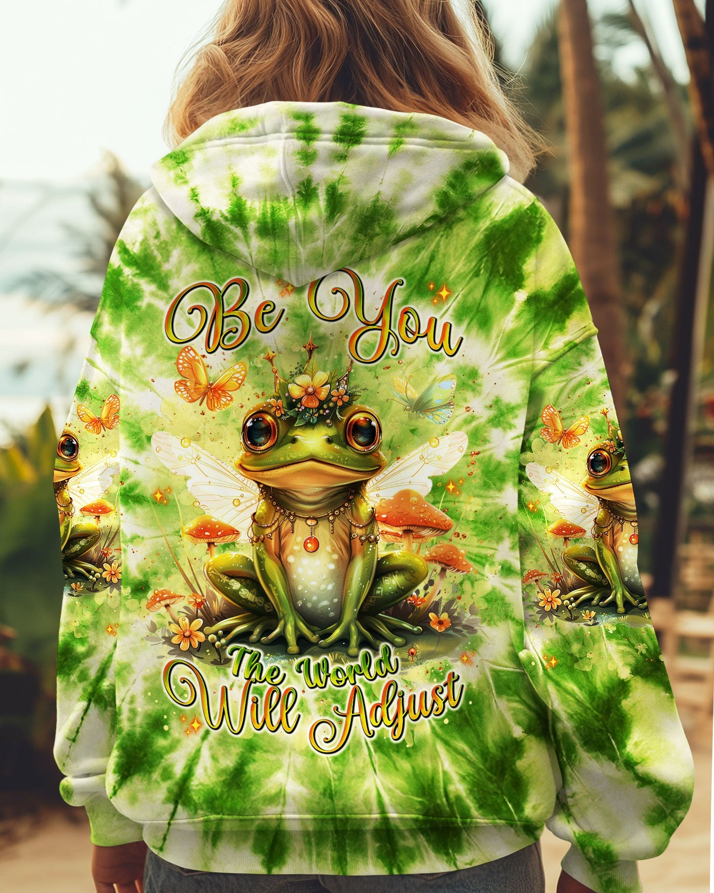 Be You The World Will Adjust Frog with Mushrooms Green Tie Dye AOP Shirts _1_ 7Y1O4