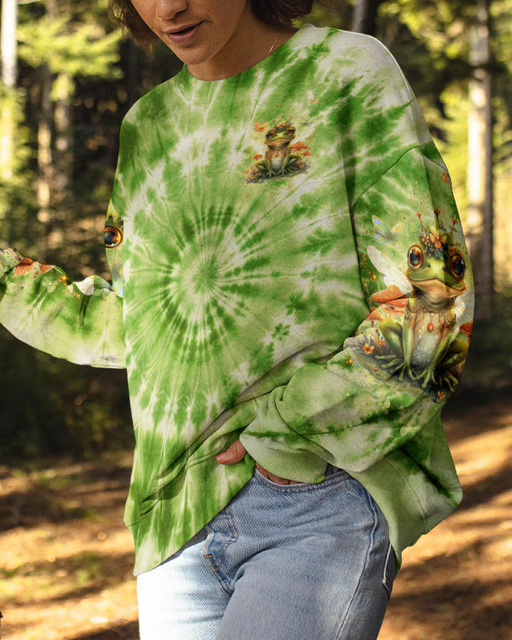 Be You The World Will Adjust Frog with Mushrooms Green Tie Dye AOP Shirts _2_ rWe6M