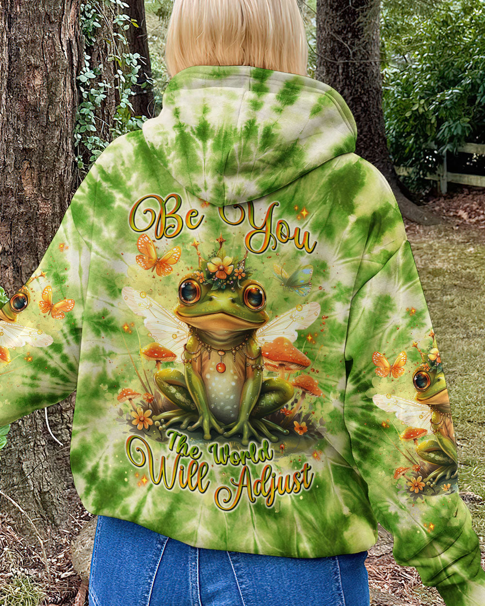 Be You The World Will Adjust Frog with Mushrooms Green Tie Dye AOP Shirts _9_ qakxC