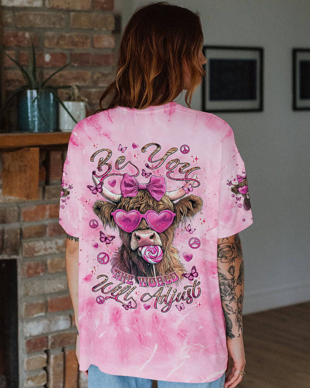 Be You The World Will Adjust Funny Cow with Bow and Heart Glasses AOP Shirts _3_ TWanQ