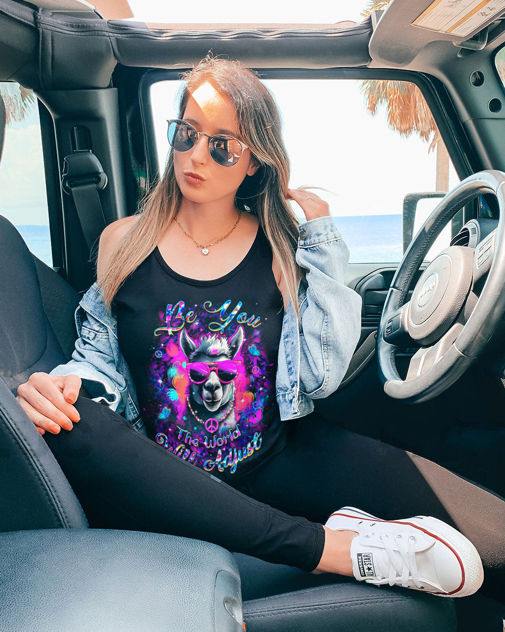 Be You The World Will Adjust Funny Neon Peace Sign Llama AOP Shirts _11_ CApWN