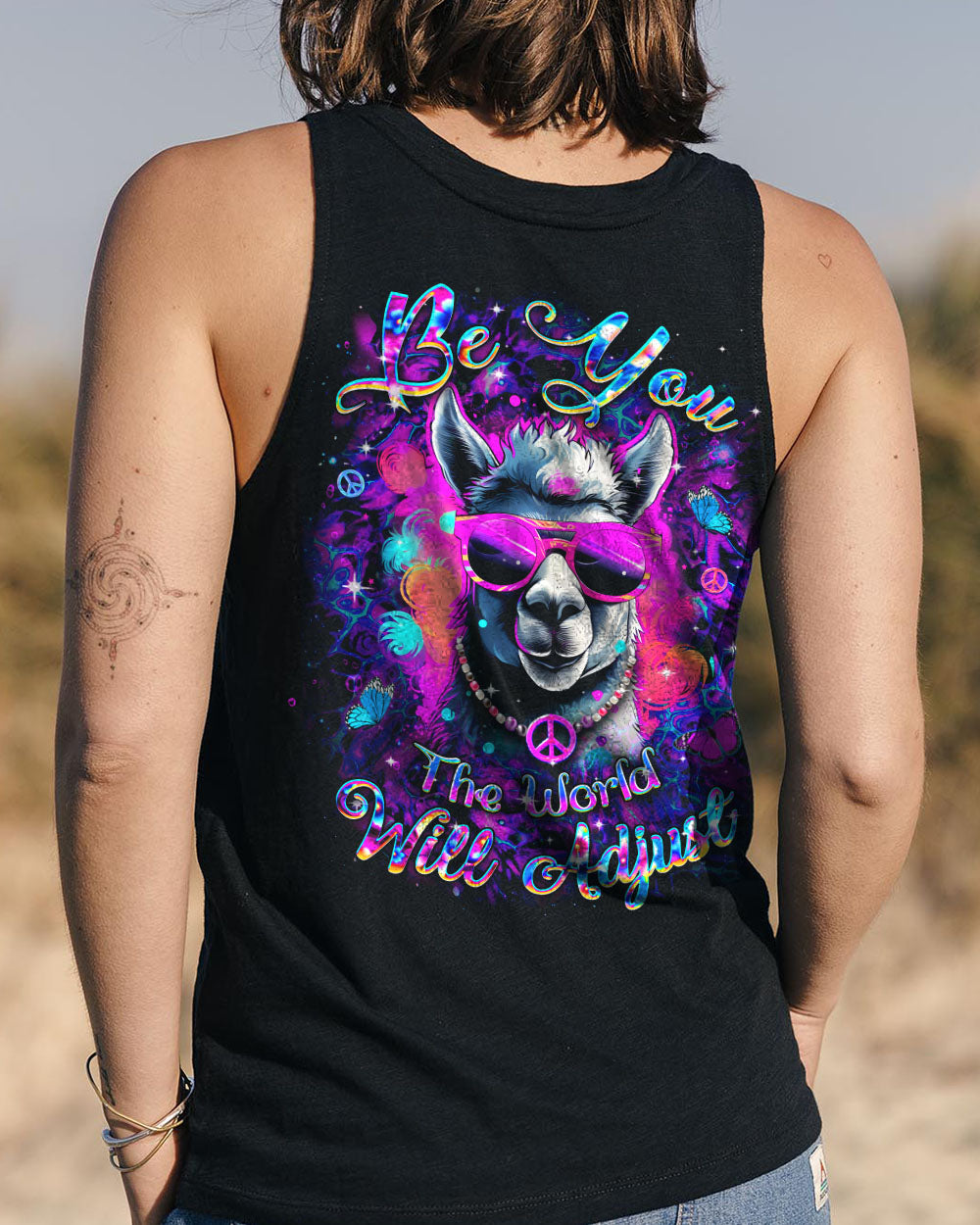 Be You The World Will Adjust Funny Neon Peace Sign Llama AOP Shirts _13_ V3IYN