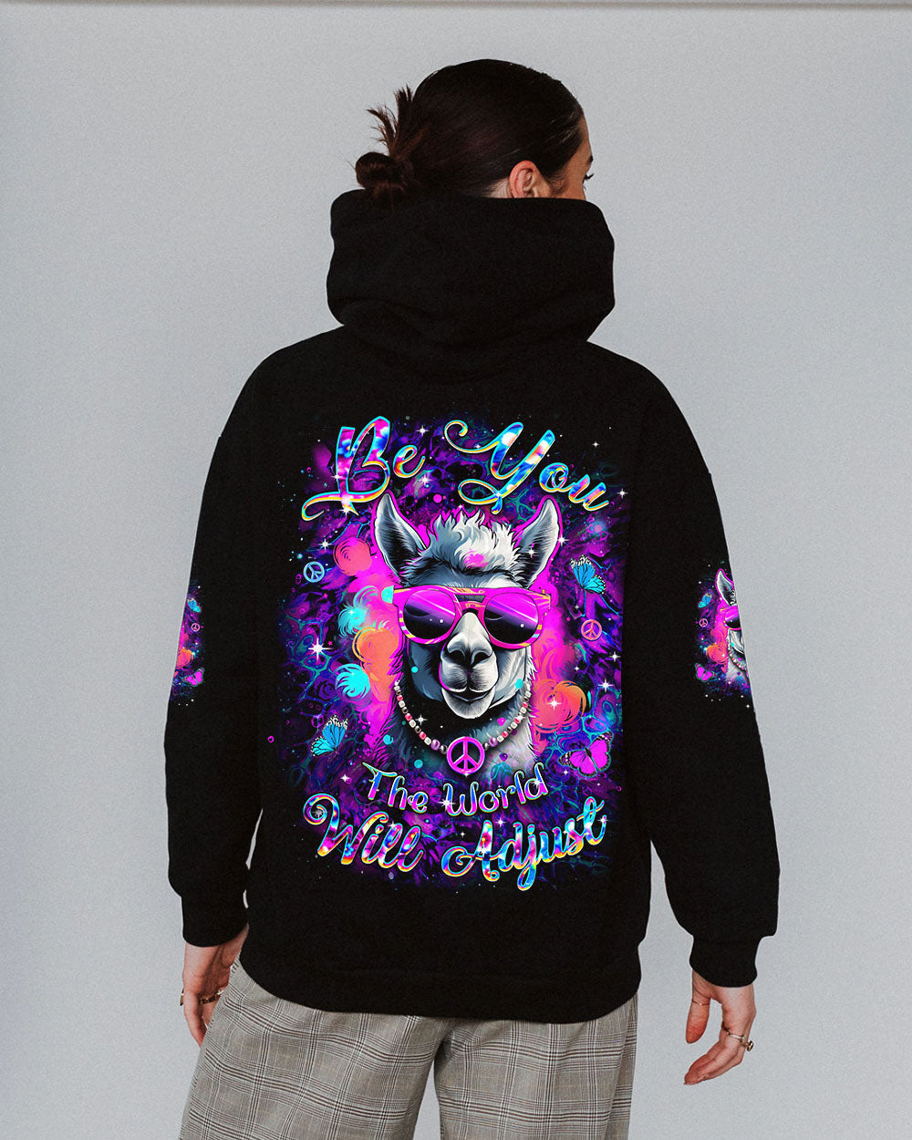 Be You The World Will Adjust Funny Neon Peace Sign Llama AOP Shirts _1_ sx6tU