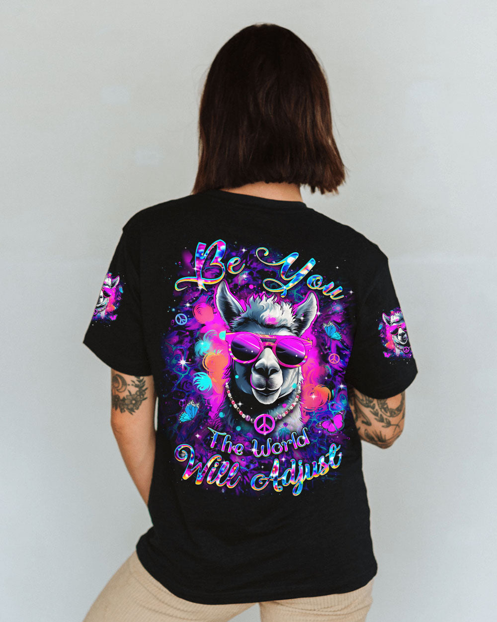 Be You The World Will Adjust Funny Neon Peace Sign Llama AOP Shirts _3_ TX9KC