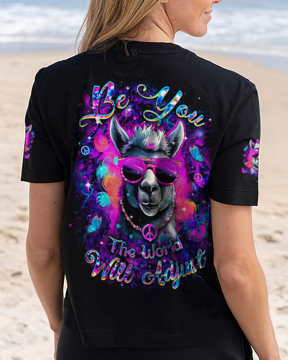 Be You The World Will Adjust Funny Neon Peace Sign Llama AOP Shirts _5_ dIDOG