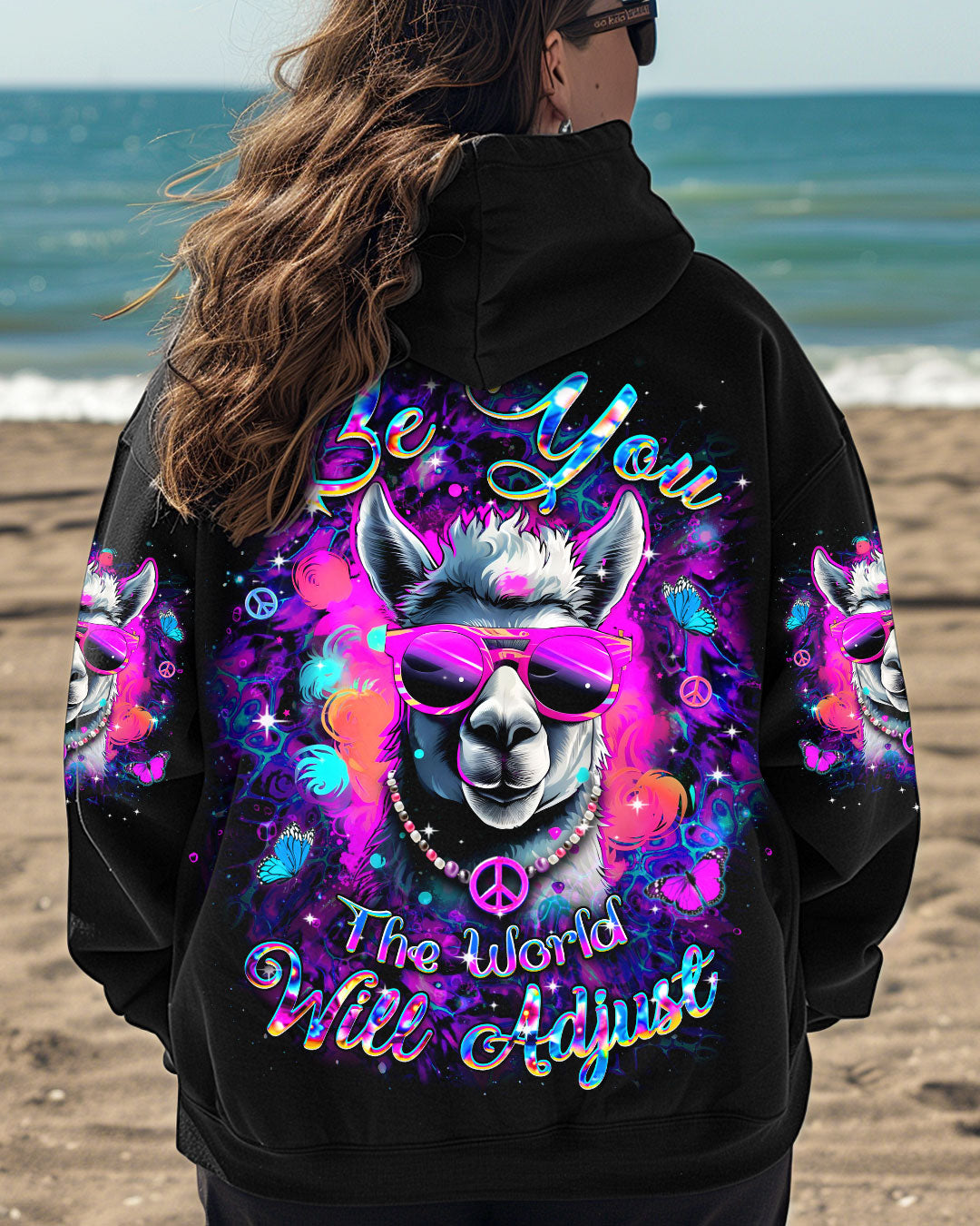 Be You The World Will Adjust Funny Neon Peace Sign Llama AOP Shirts _7_ 81hIV