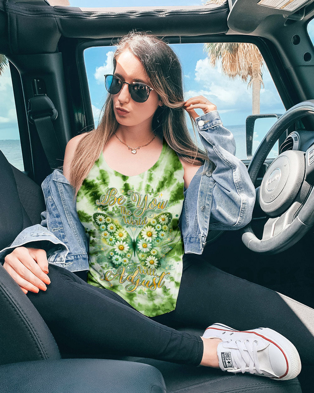Be You The World Will Adjust Green Daisy Butterfly Tie Dye AOP Shirts _9_ 0zx3v