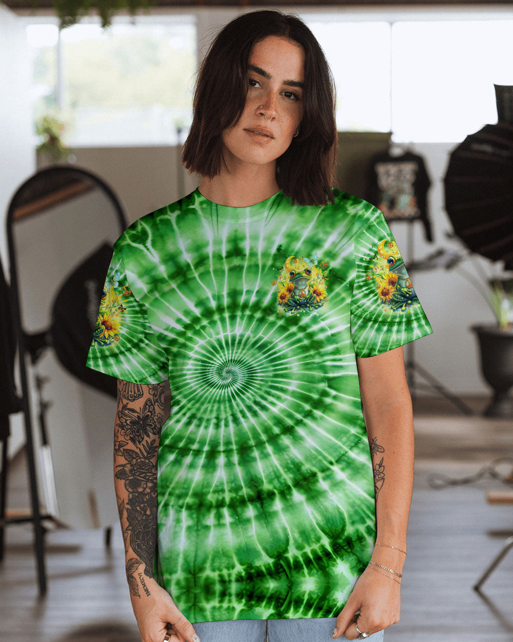 Be You The World Will Adjust Green Frog Hippie Tie Dye Graphic AOP Shirts _14_ XPohE