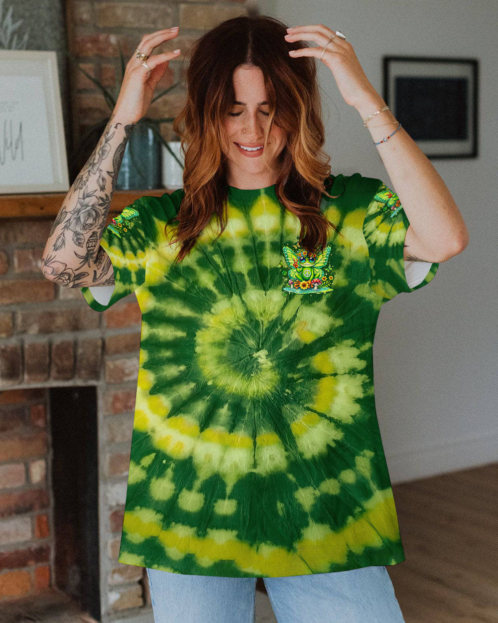 Be You The World Will Adjust Green Tie Dye Fairy Frog Signs and Mushrooms AOP Shirts _10_ zhfdM