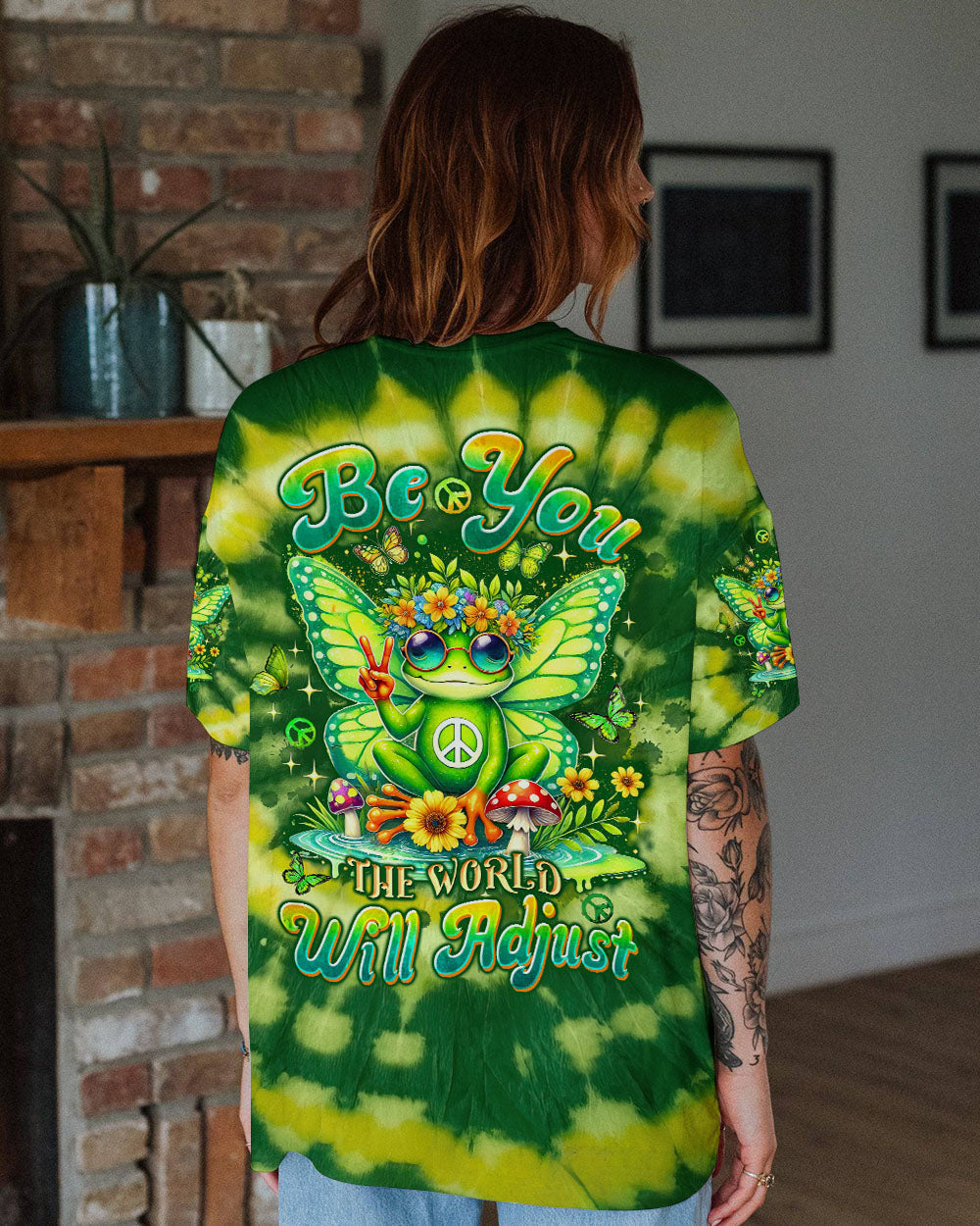 Be You The World Will Adjust Green Tie Dye Fairy Frog Signs and Mushrooms AOP Shirts _11_ lxtHl