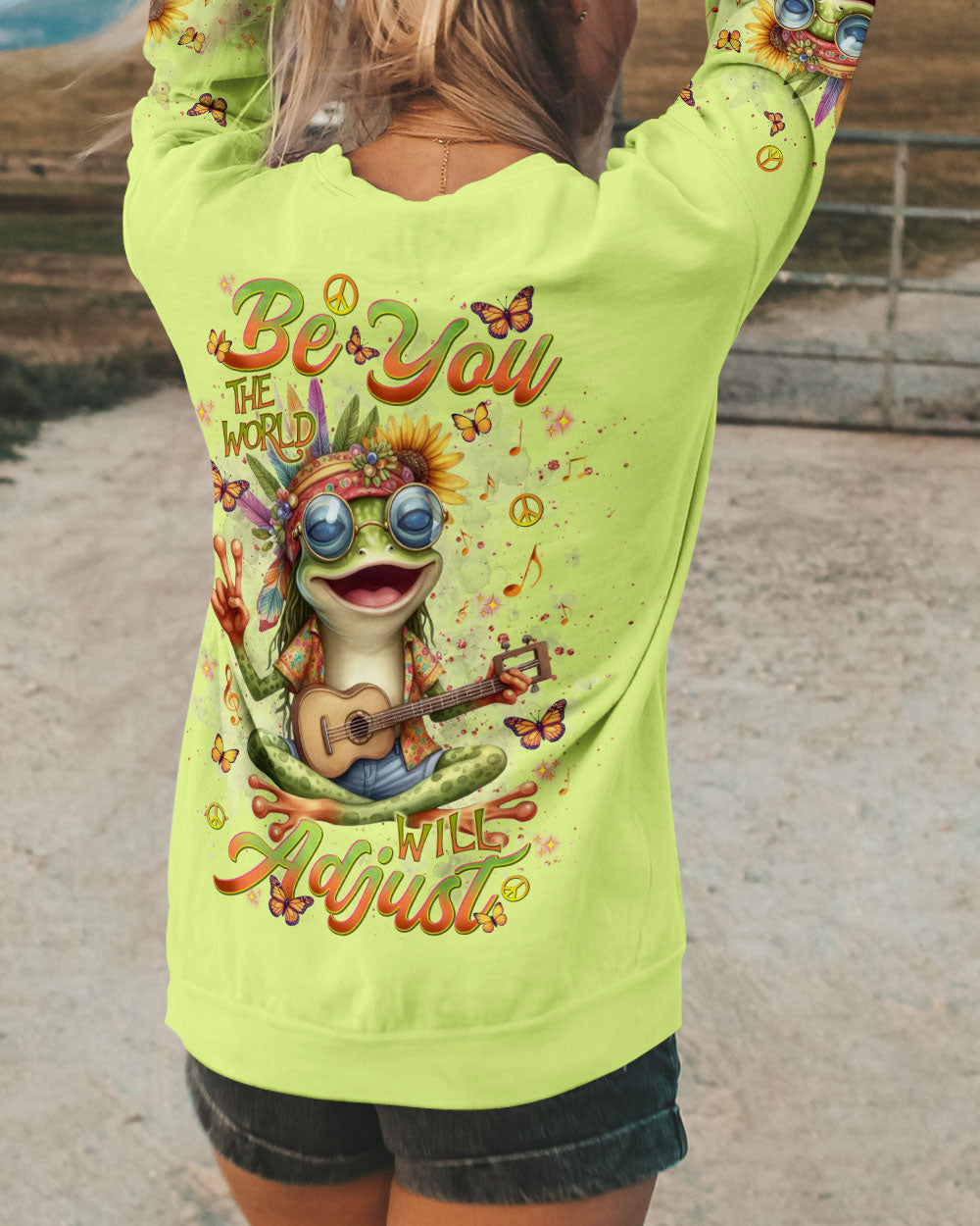 Be You The World Will Adjust Hippie Frog Peace Sign and Guitar Graphic AOP Shirts _7_ WZnFj
