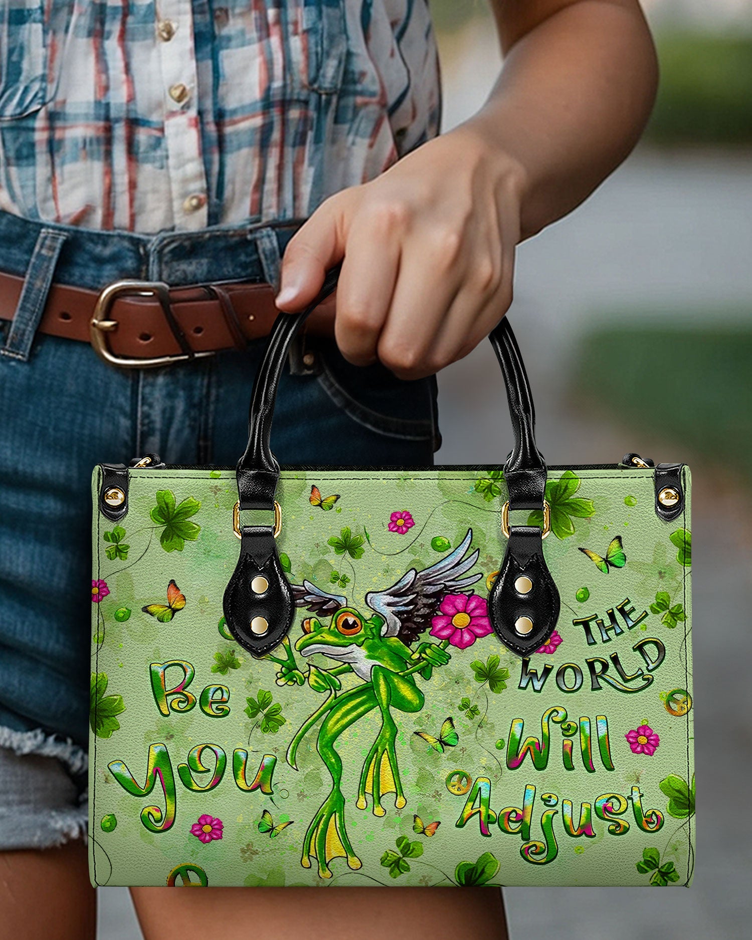 Be You The World Will Adjust Hippie Frog Whimsical Green Leather Bag _3_ FawDV