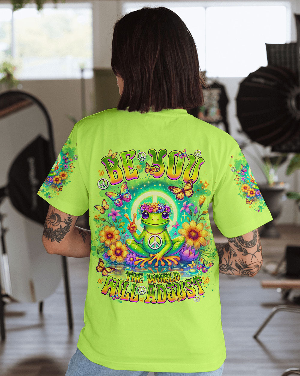 Be You The World Will Adjust Meditating Peace Frog Graphic AOP Shirts _1_ DBTnZ