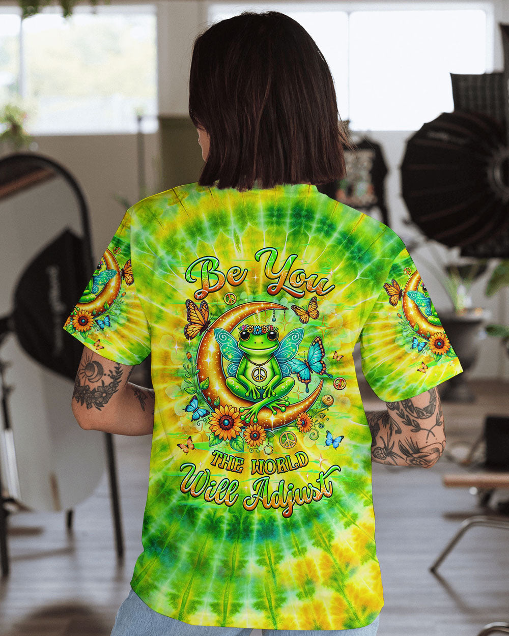 Be You The World Will Adjust Moon Frog Hippie Green Tie Dye AOP Shirts _1_ B7Fz3