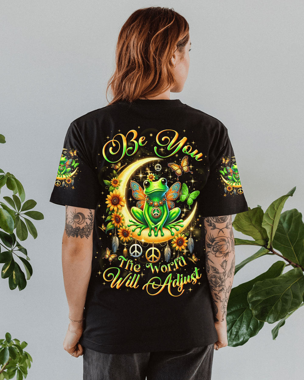 Be You The World Will Adjust Neon Frog with Moon and Butterfly Graphic AOP Shirts _10_ HqA8D