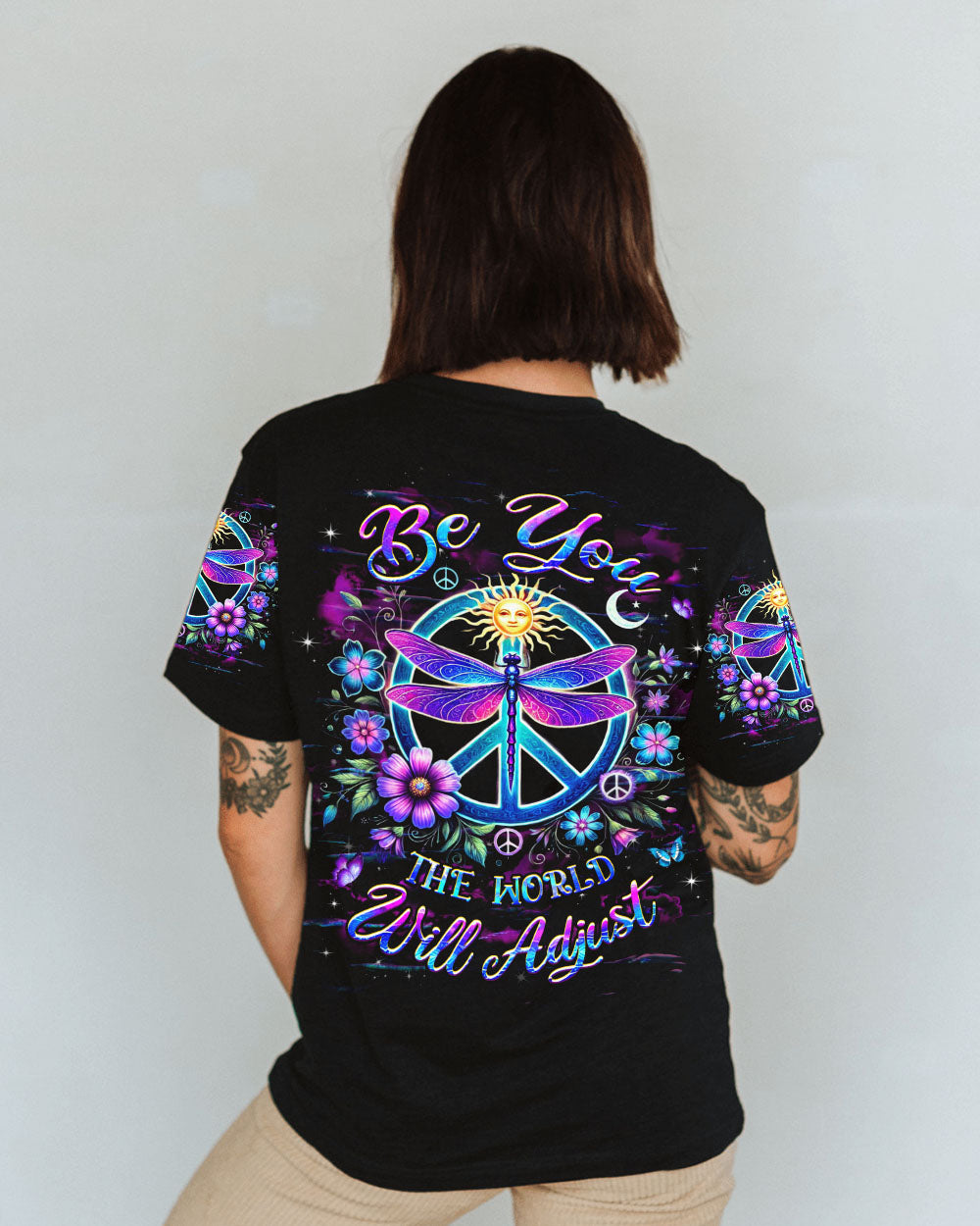 Be You The World Will Adjust Nron Dragonfly and Sun Peace Sign AOP Shirts _11_ RXHf8