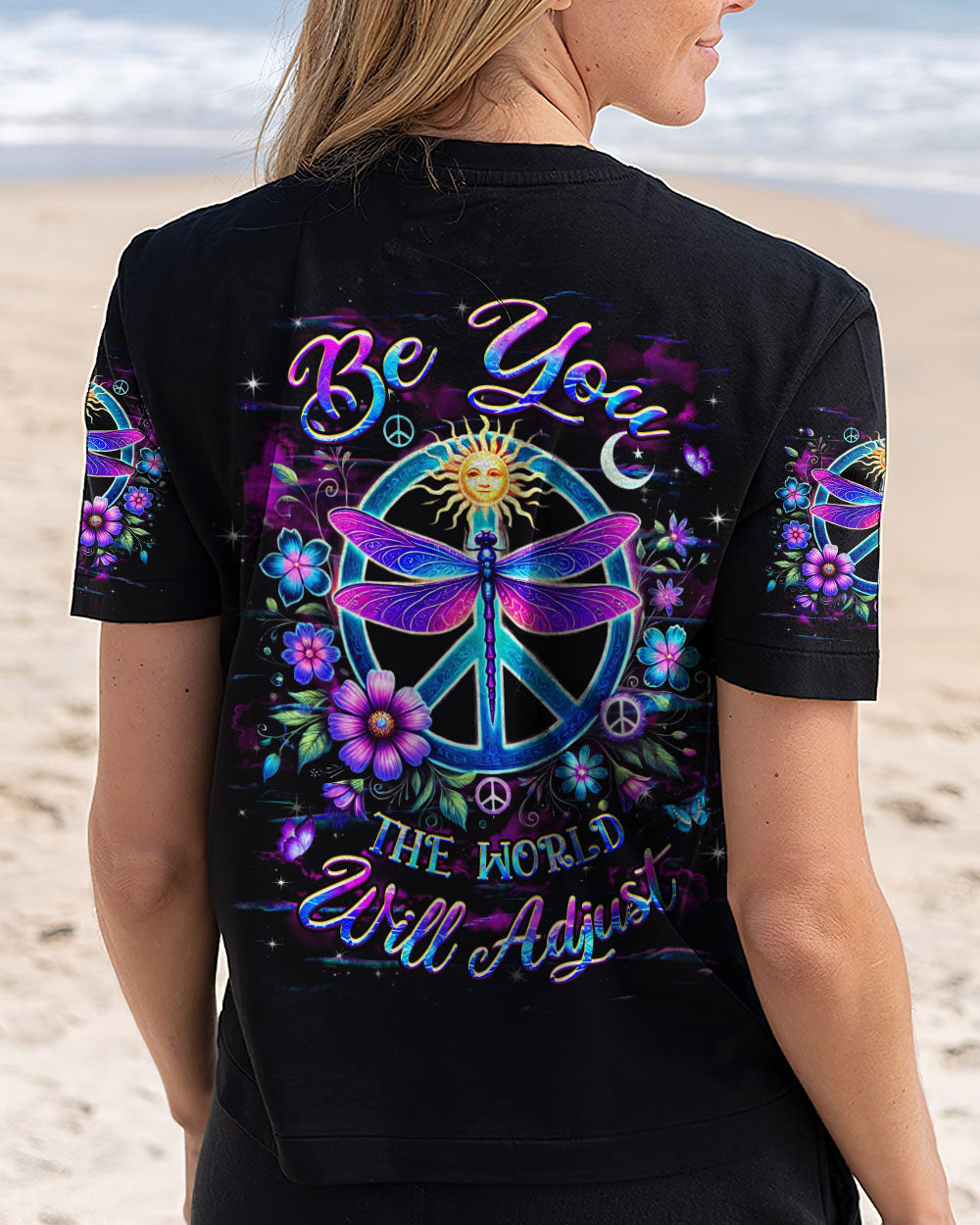 Be You The World Will Adjust Nron Dragonfly and Sun Peace Sign AOP Shirts _13_ L2RjU