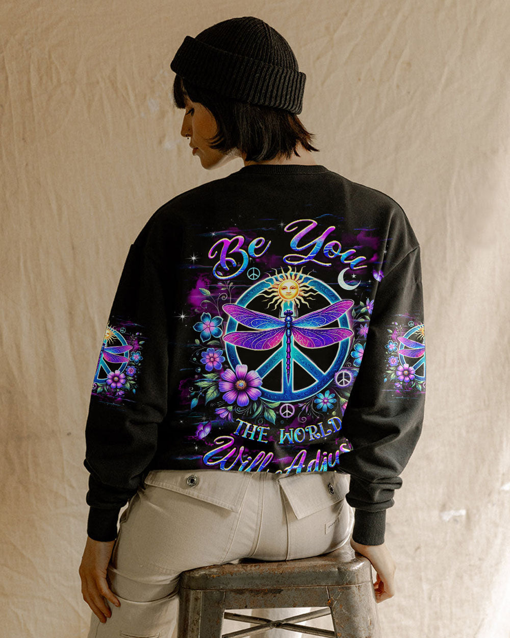 Be You The World Will Adjust Nron Dragonfly and Sun Peace Sign AOP Shirts _4_ FRTfM