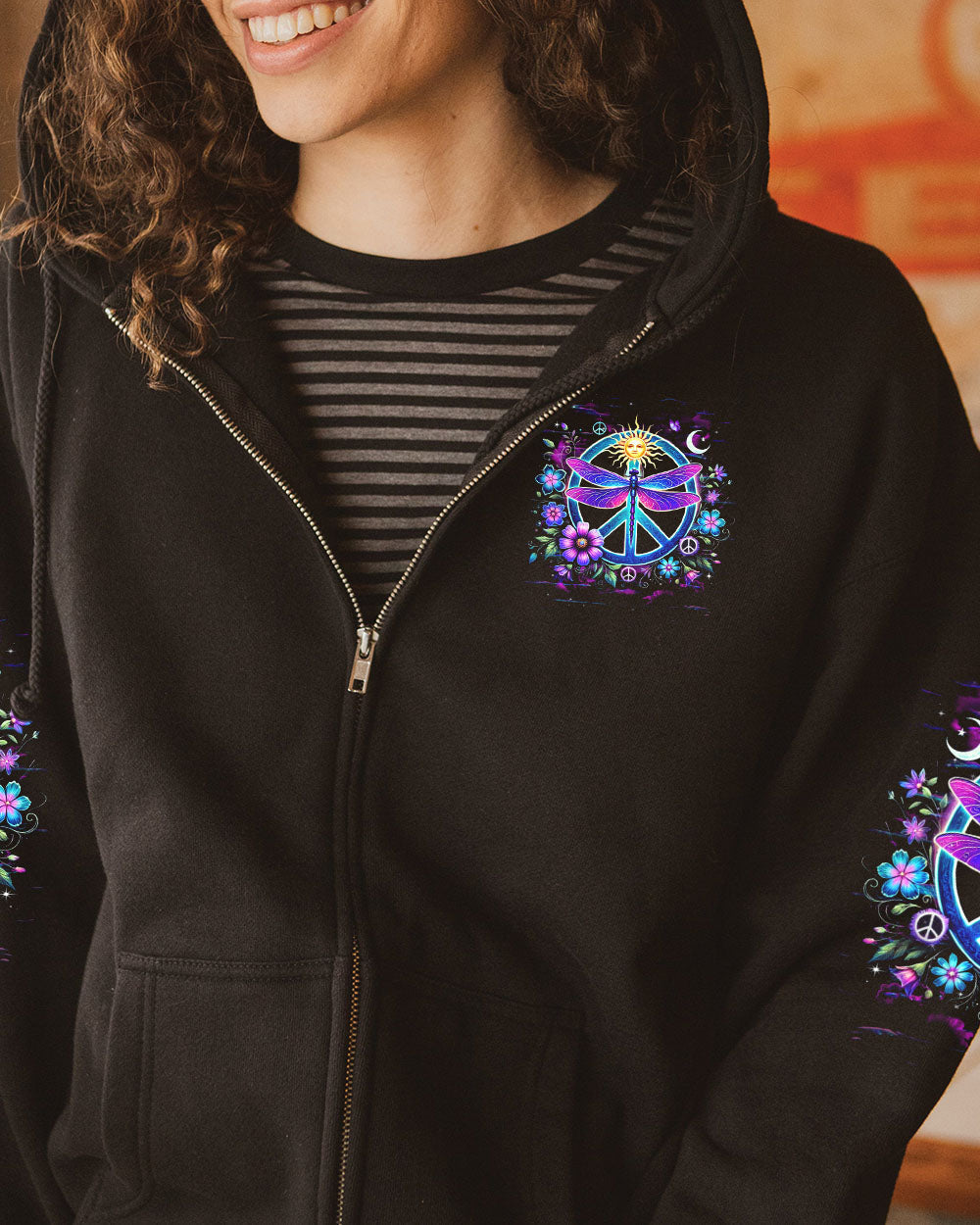 Be You The World Will Adjust Nron Dragonfly and Sun Peace Sign AOP Shirts _5_ Mi53S