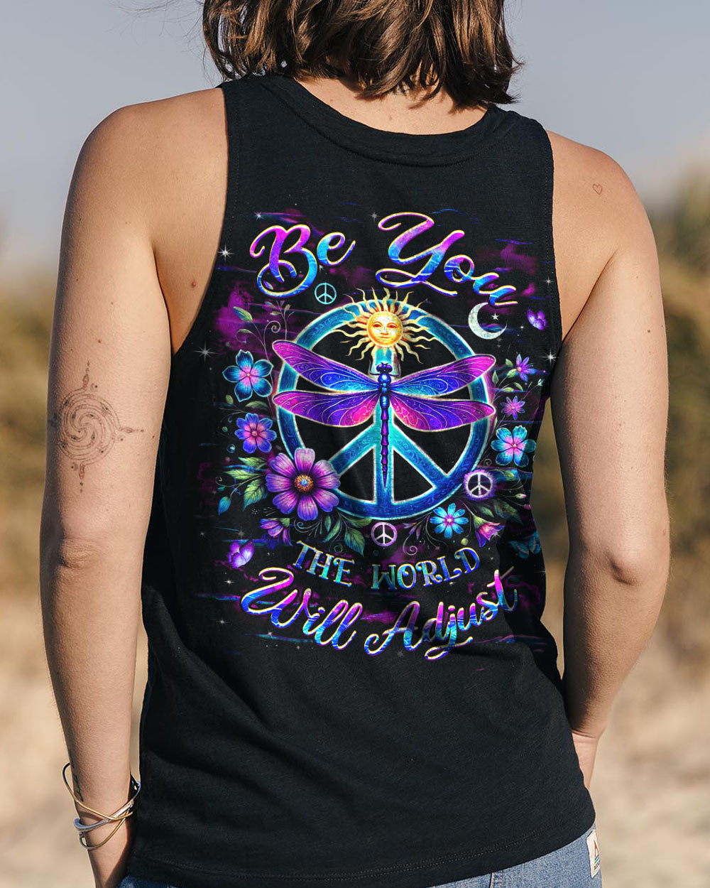 Be You The World Will Adjust Nron Dragonfly and Sun Peace Sign AOP Shirts _8_ m0FlD