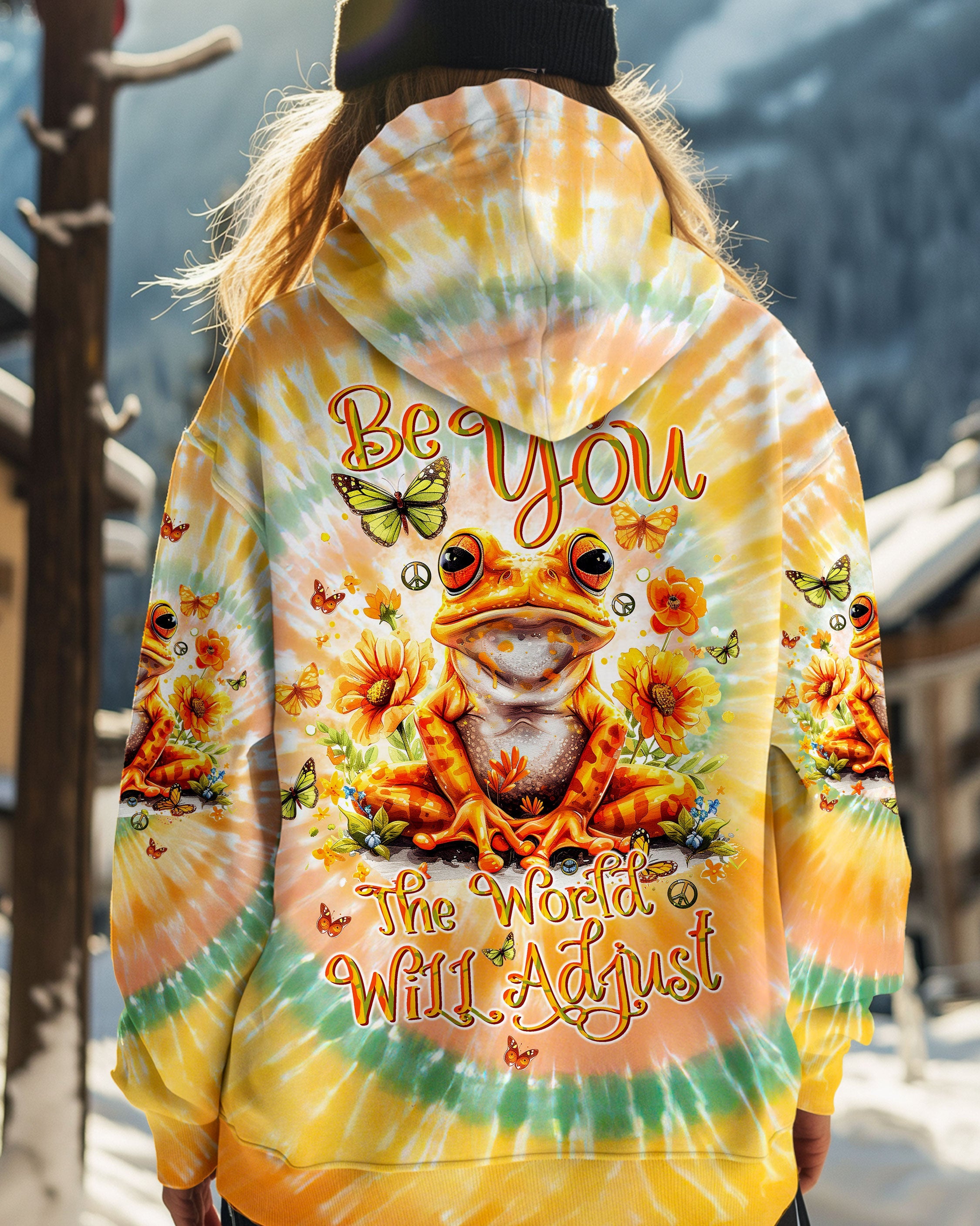 Be You The World Will Adjust Orange Tie Dye Frog and Butterfly AOP Shirts _3_ 4ihEe