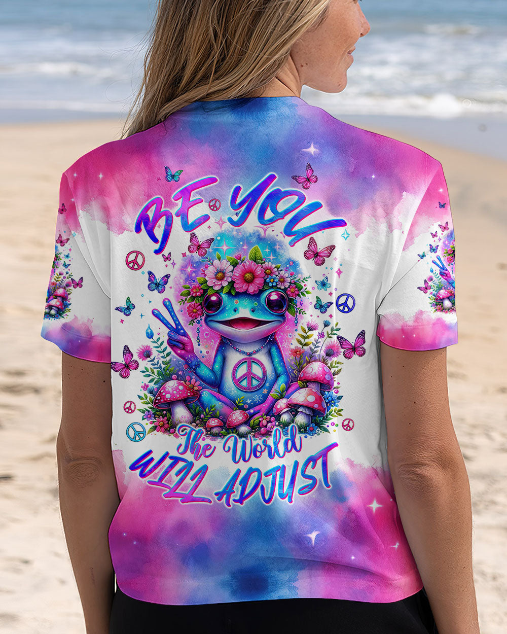 Be You The World Will Adjust Pastel Tie Dye Frog Flowers and Peace Signs AOP Shirts _13_ mTpU0
