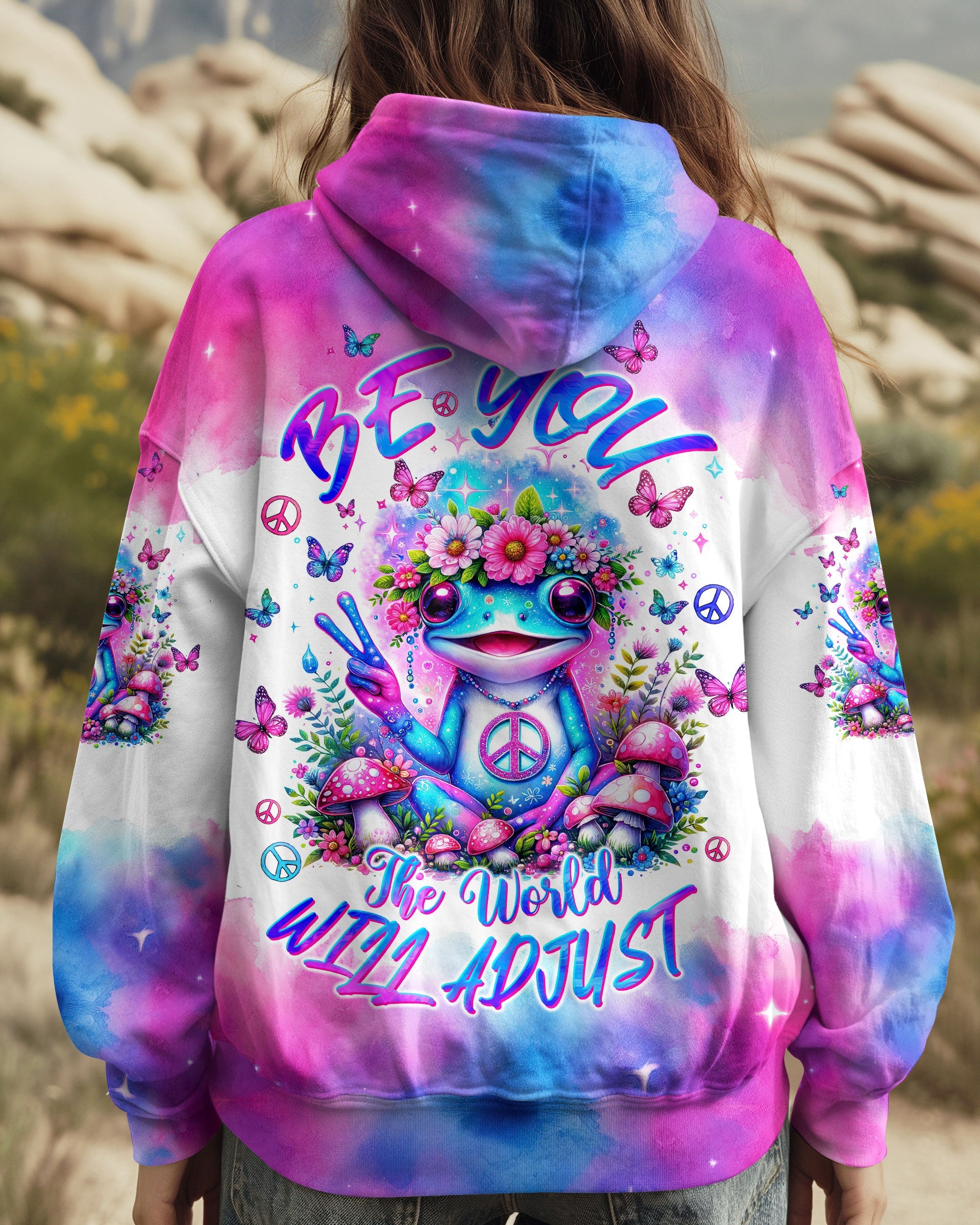 Be You The World Will Adjust Pastel Tie Dye Frog Flowers and Peace Signs AOP Shirts _1_ 1xFDW