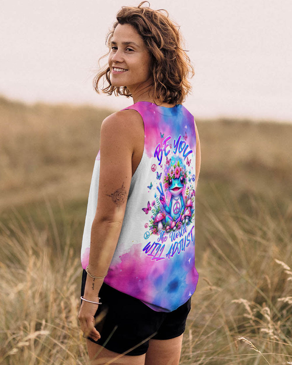 Be You The World Will Adjust Pastel Tie Dye Frog Flowers and Peace Signs AOP Shirts _7_ Y7kDy