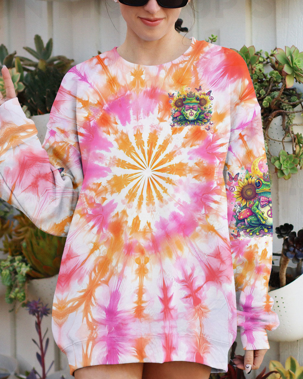 Be You The World Will Adjust Pastel Tie Dye Peace Frog with Sunflowers AOP Shirts _6_ 2i1xL
