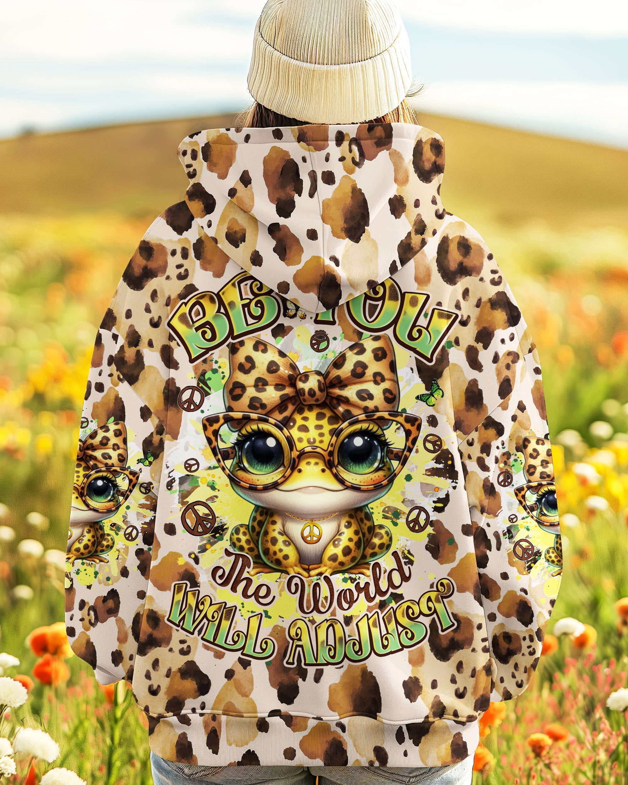 Be You The World Will Adjust Peace Frog Leopard with Glasses and Bow AOP Shirts _5_ mdl1G
