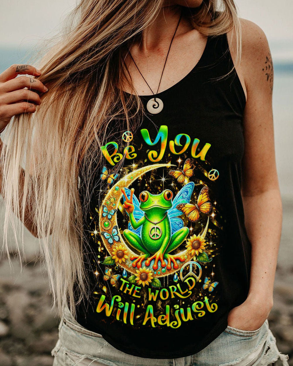 Be You The World Will Adjust Peace Frog Moon and Butterfly Graphic AOP Shirts _9_ fvWAo