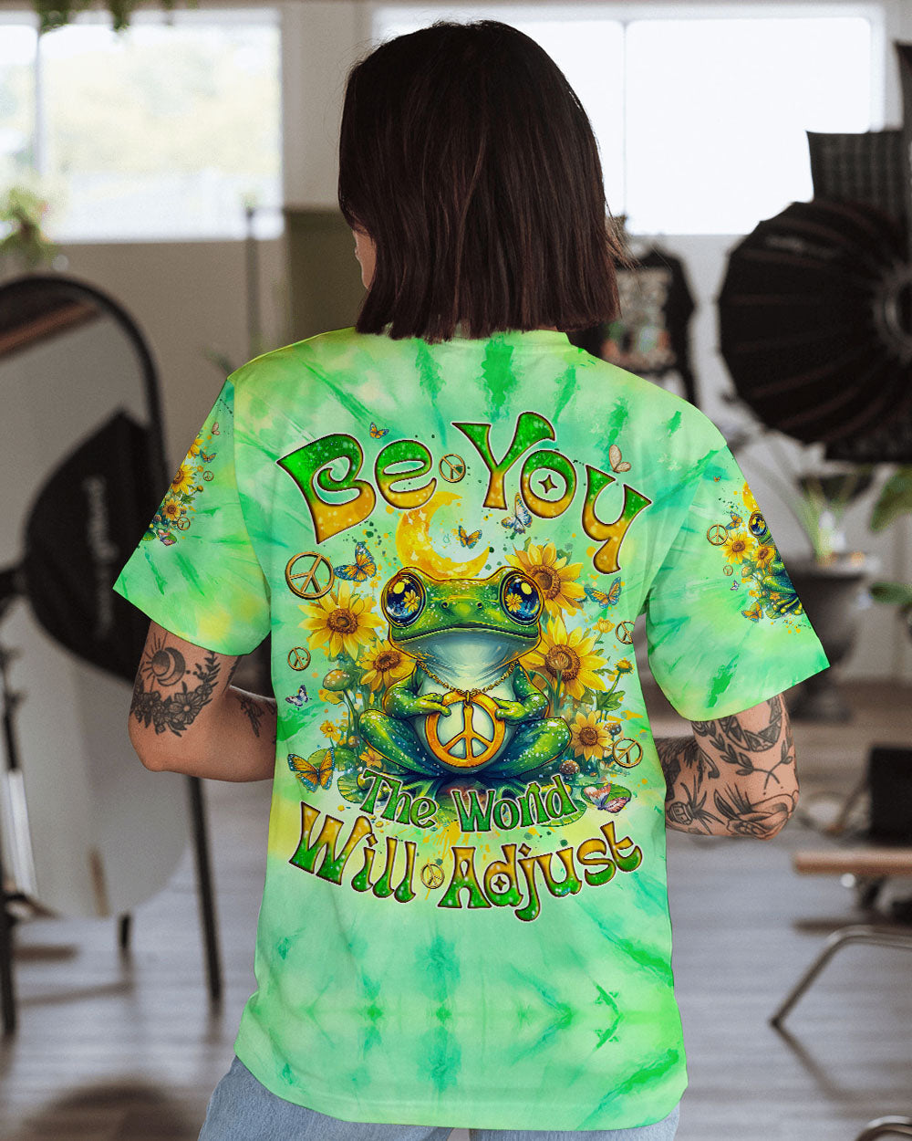 Be You The World Will Adjust Peace Frog and Sunflower Tie Dye Hippie AOP Shirts _1_ C4mja