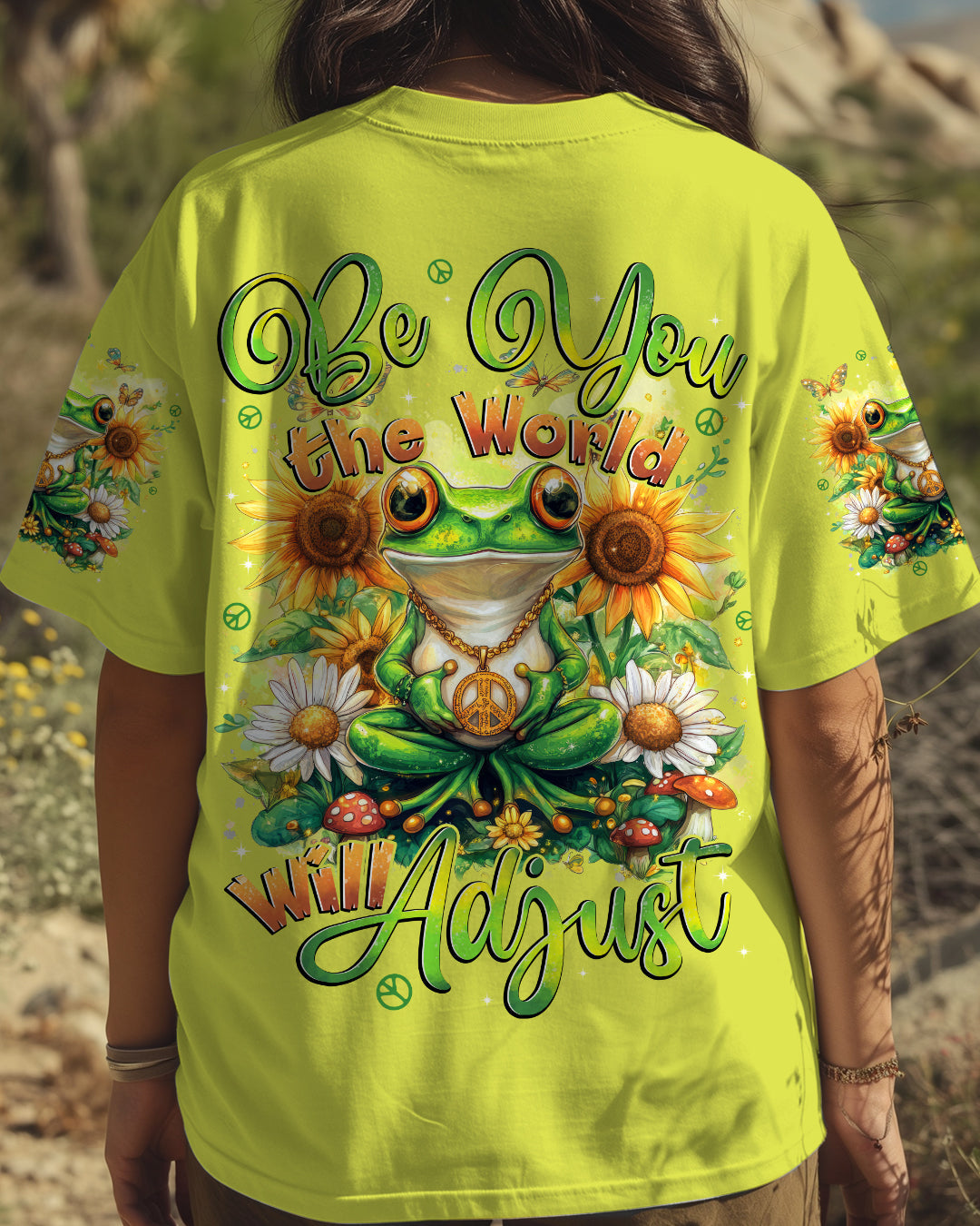 Be You The World Will Adjust Peace Frog with Daisy and Sunflowers Hippie Style AOP Shirts _1_ HKlWv