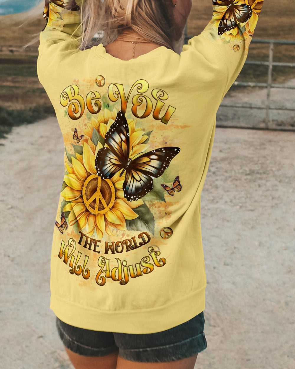 Be You The World Will Adjust Peace Sign Butterfly Inspirational AOP Shirts _7_ TqY8T