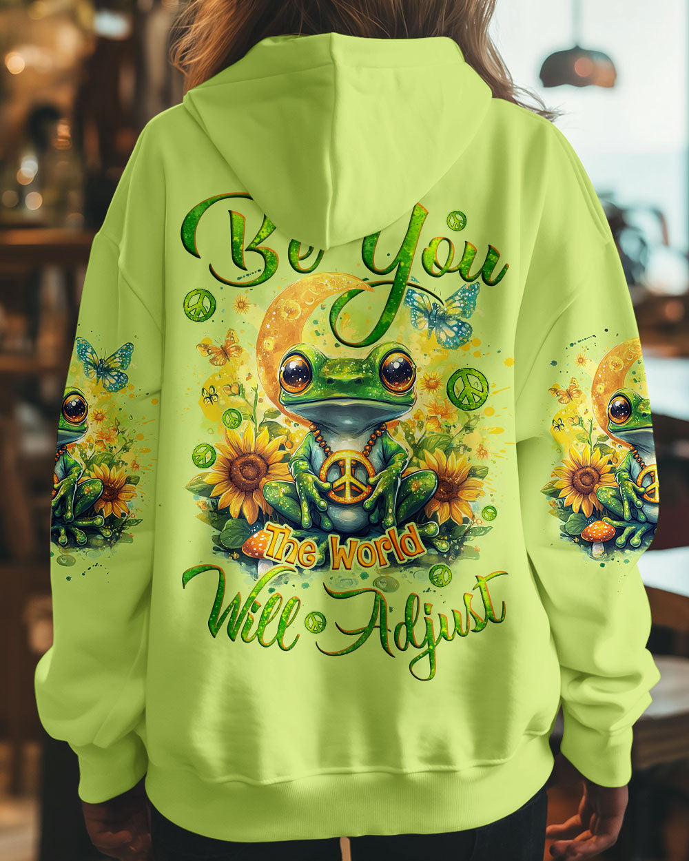 Be You The World Will Adjust Peaceful Green Frog and Sunflower Hippie Style AOP Shirts _7_ G0XRS