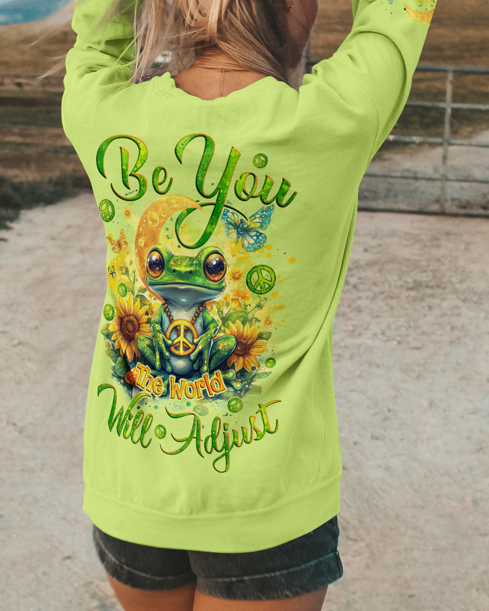 Be You The World Will Adjust Peaceful Green Frog and Sunflower Hippie Style AOP Shirts _9_ ZDRat