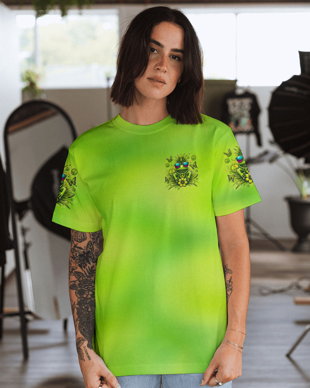 Be You The World Will Adjust Pineapple Frog Neon Green Peace Symbol AOP Shirts _13_ zAIFZ