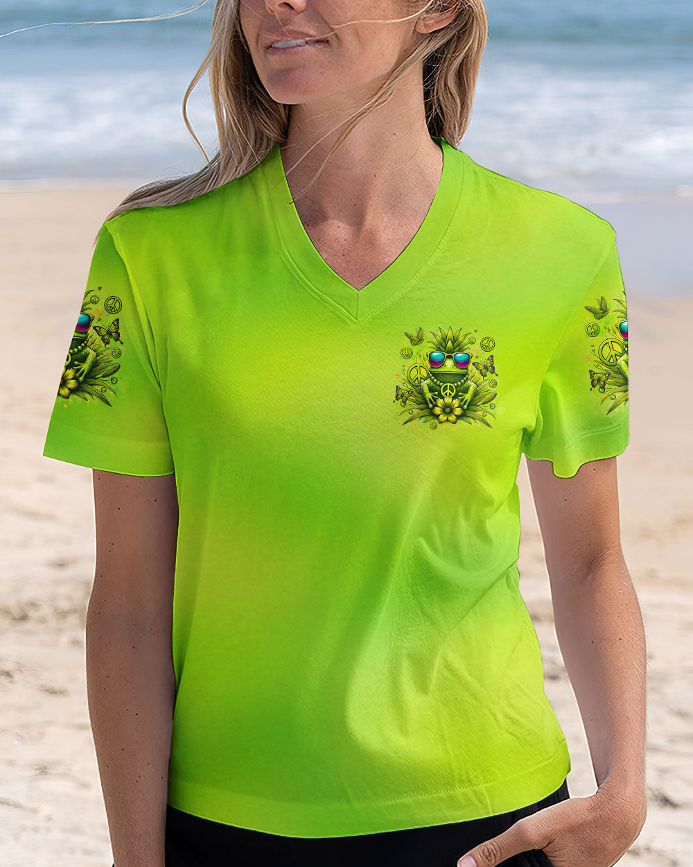 Be You The World Will Adjust Pineapple Frog Neon Green Peace Symbol AOP Shirts _2_ h3Q7o