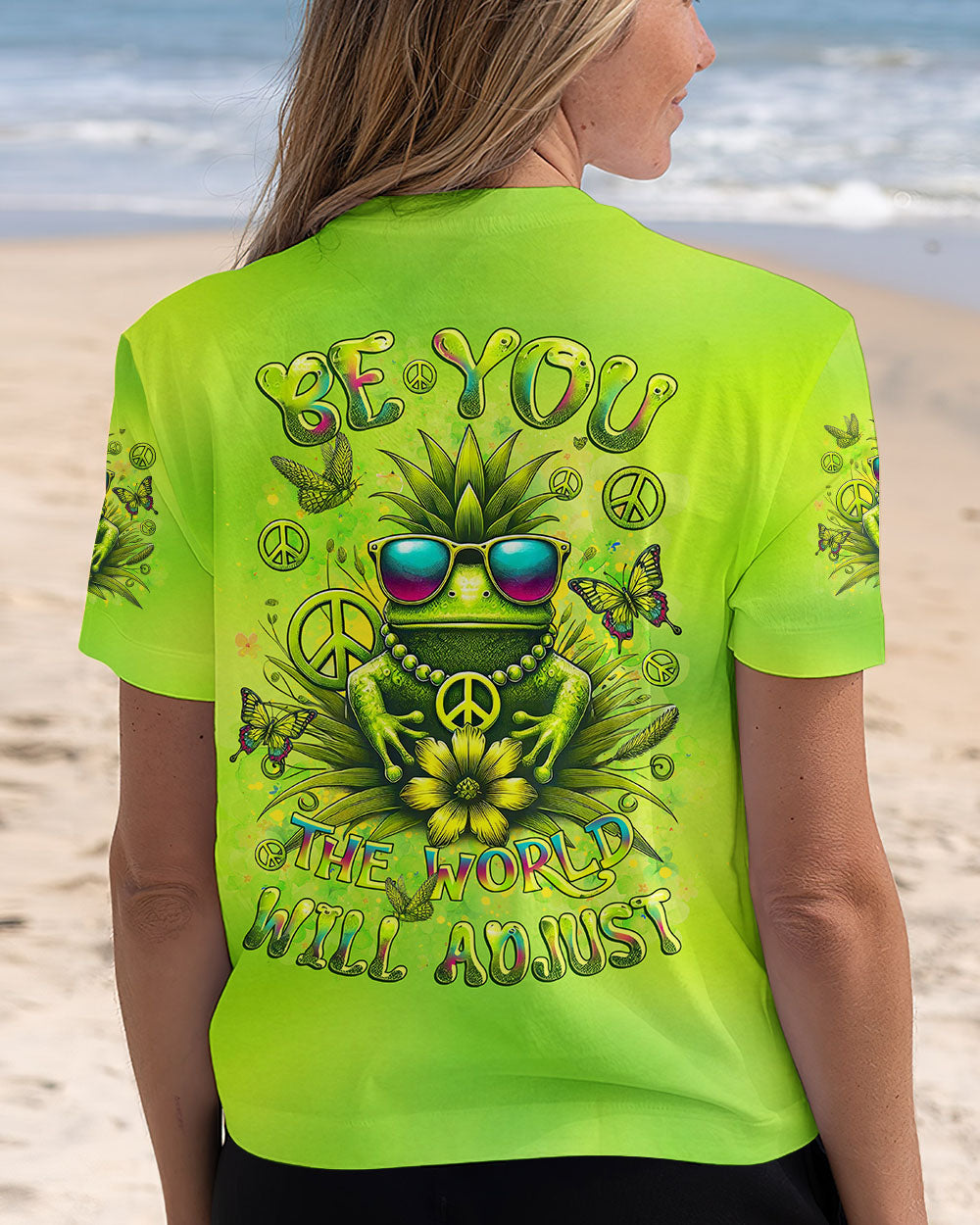 Be You The World Will Adjust Pineapple Frog Neon Green Peace Symbol AOP Shirts _3_ JED1C